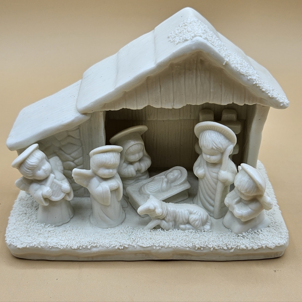 Ivory Nativity With Manger Figural Set, Bisque, Vintage Christmas